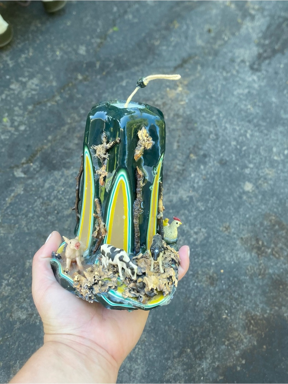 Vintage Hand Carved Farmyard Drip Candle - Retro 70s Kitsch Wax Sculpture